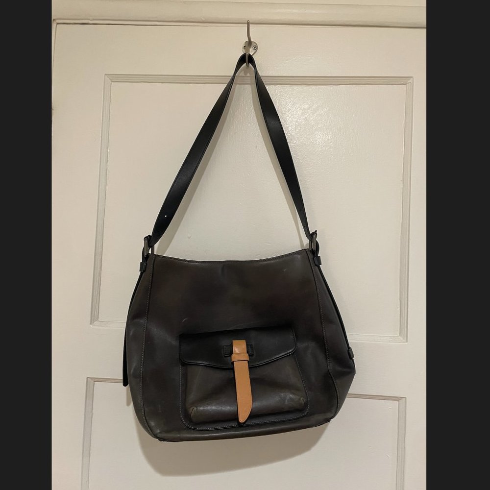 TUMI leather shoulder bag- Charcoal Gray- discontinued style RARE